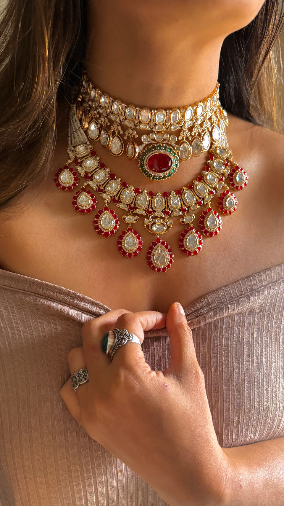 Ruby Emerald choker and collar necklace combo