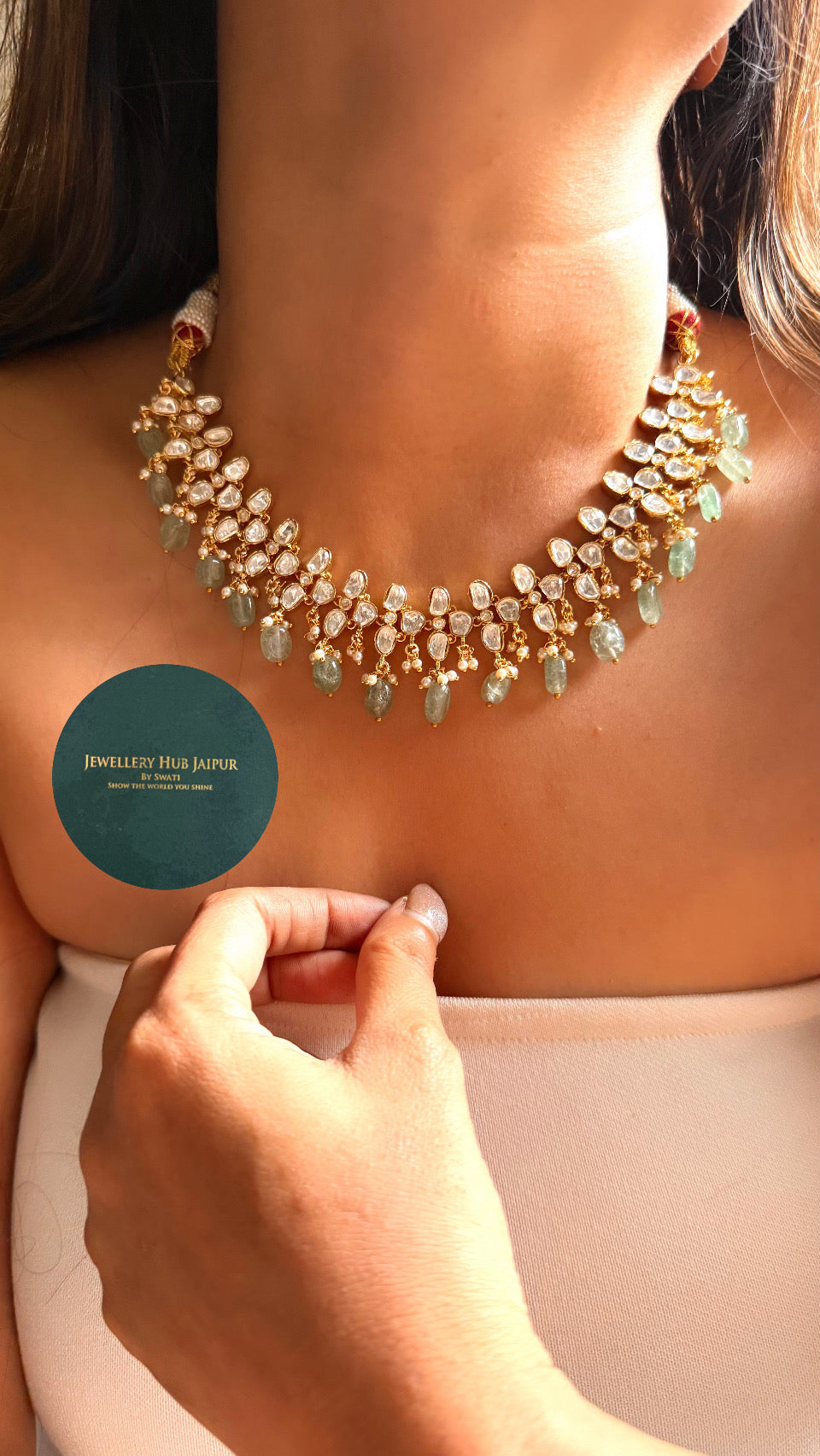 Real Moissanite polki floral collar set with strawberry drops