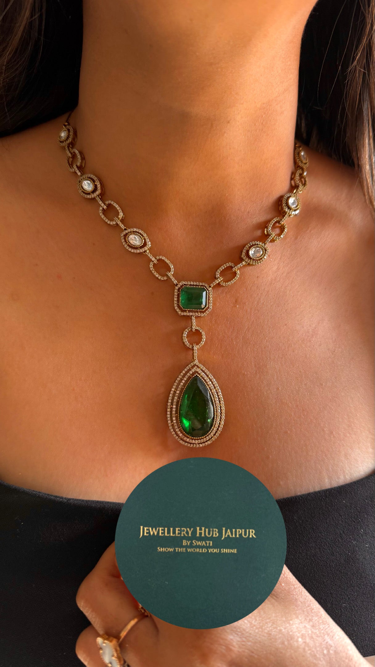 Emerald tear drop long pendant minimal necklace