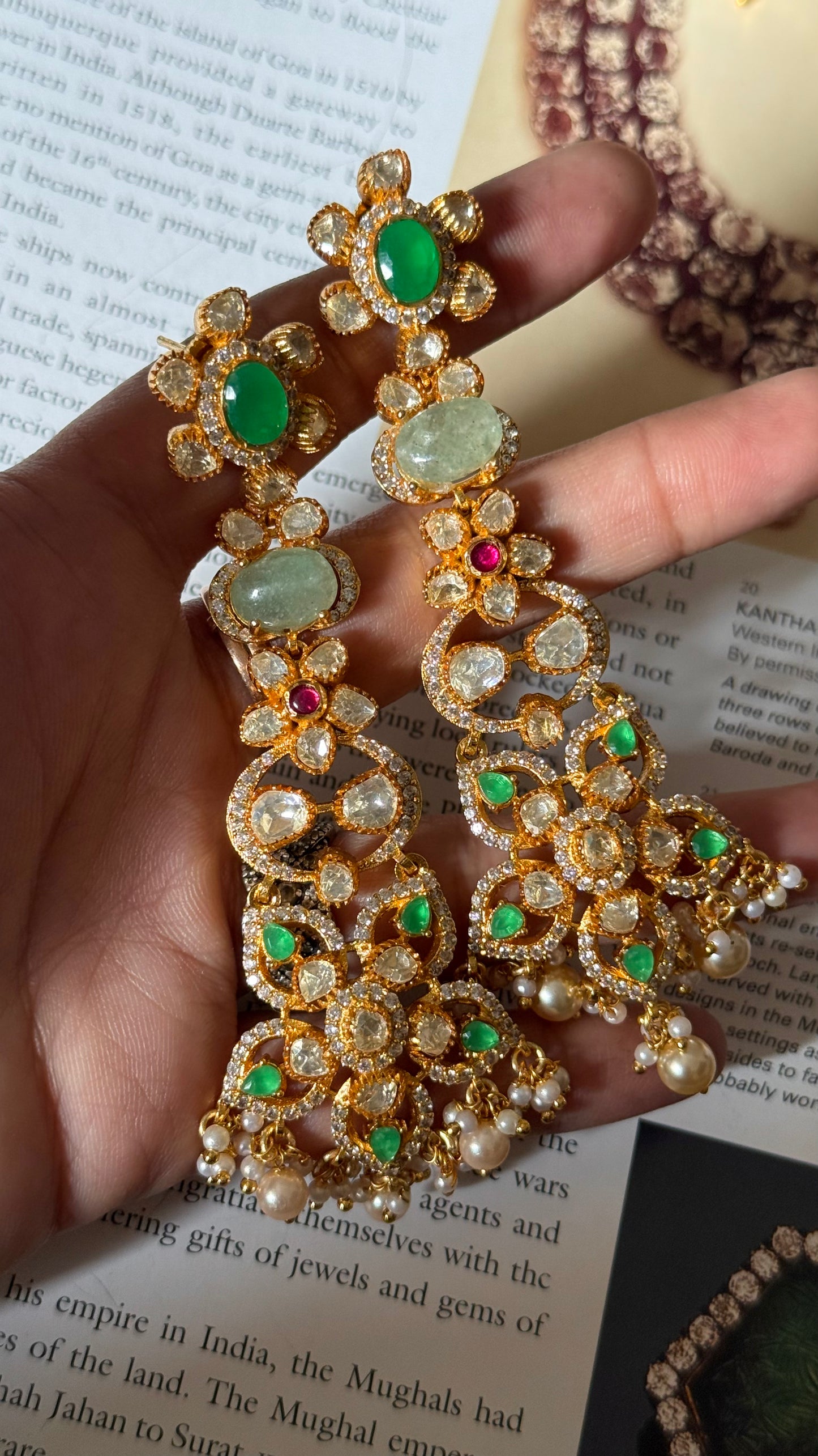 Emerald doublet ruby & real moissanite floral danglers