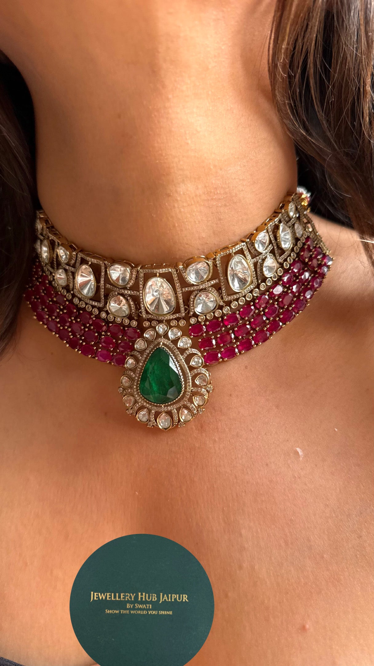 Emerald with Rani pink ruby doublets choker Necklace