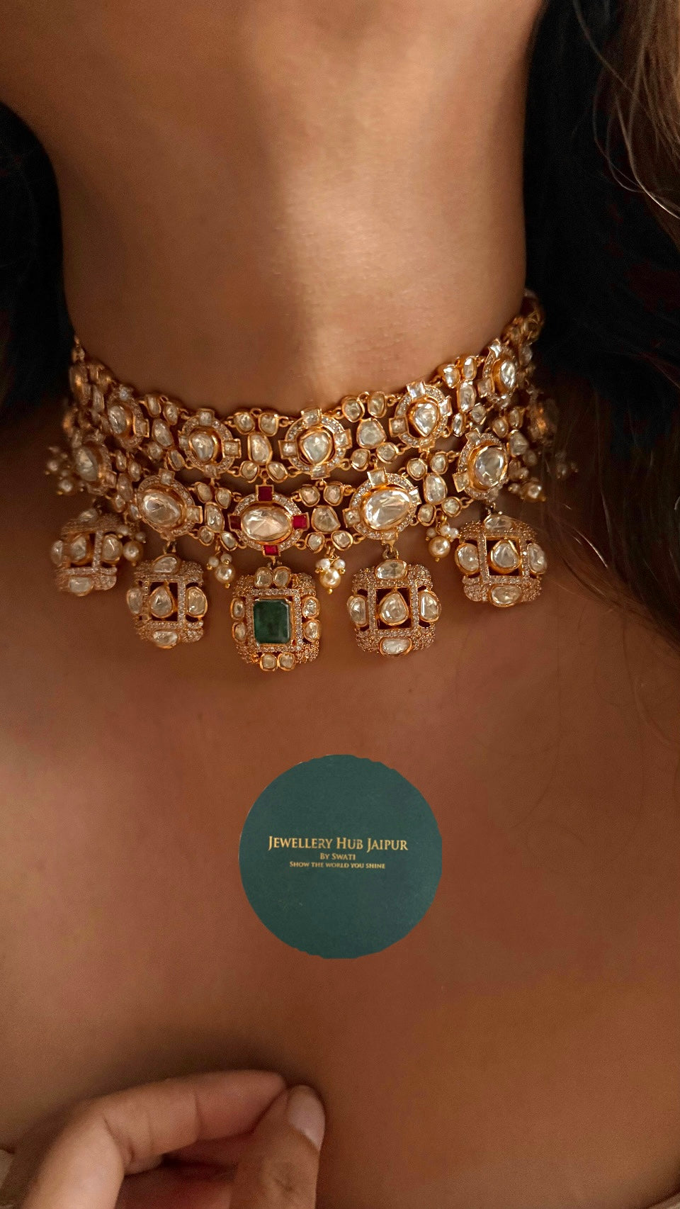 Real moissanite uncut polki emerald doublet Necklace
