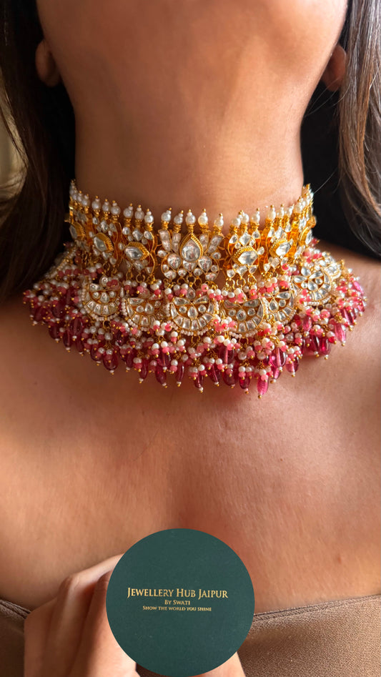 Lotus inspired chaand nakashi with rani pink drop bridal Necklace