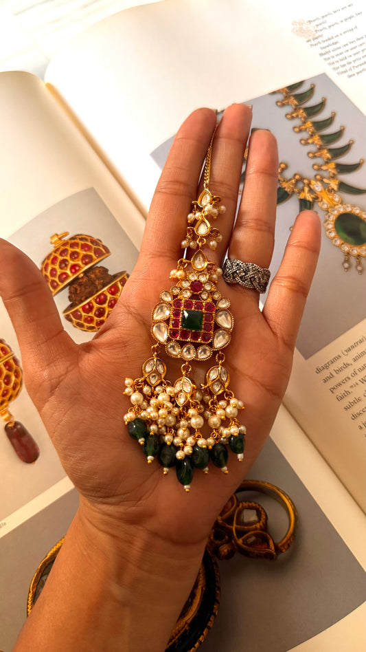 Emerald & ruby moissanite maangtika