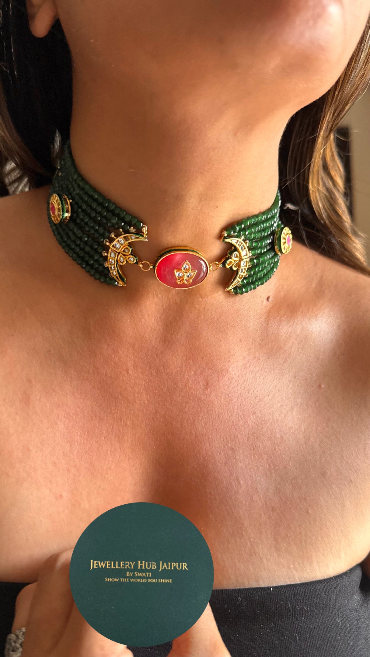 Rose quartz inlay meenakari with emerald pearl detailing choker Necklace