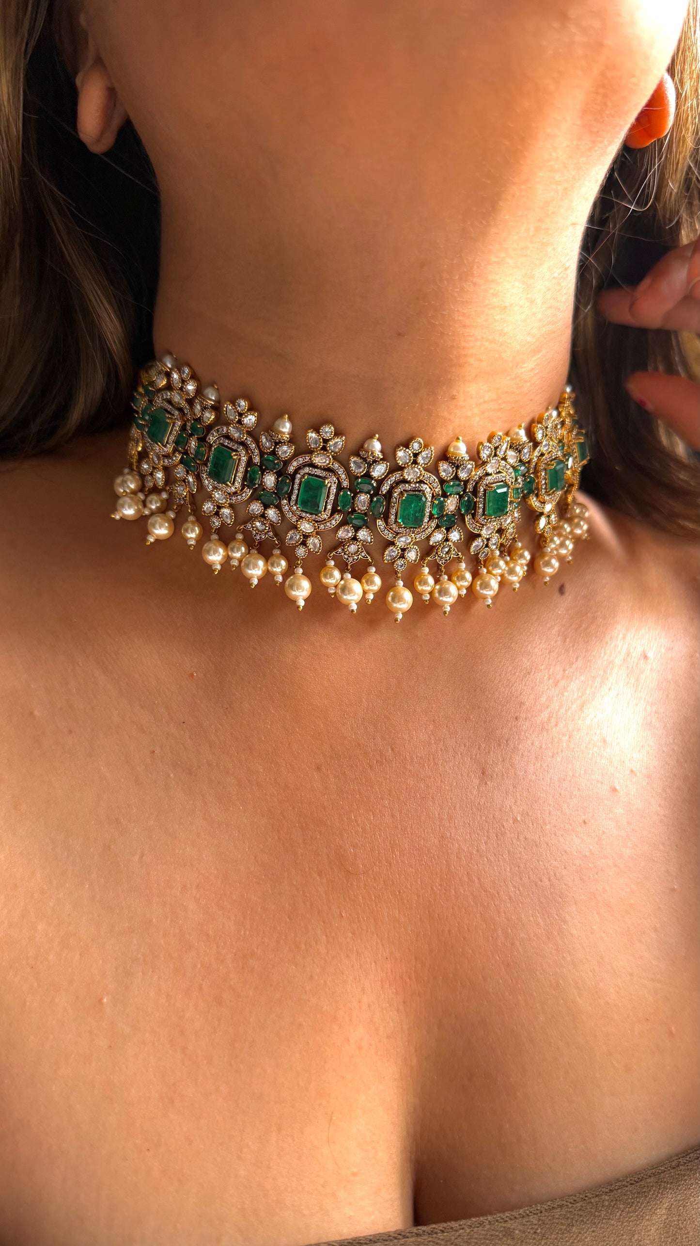 Emerald long uncut polki necklace & choker combo