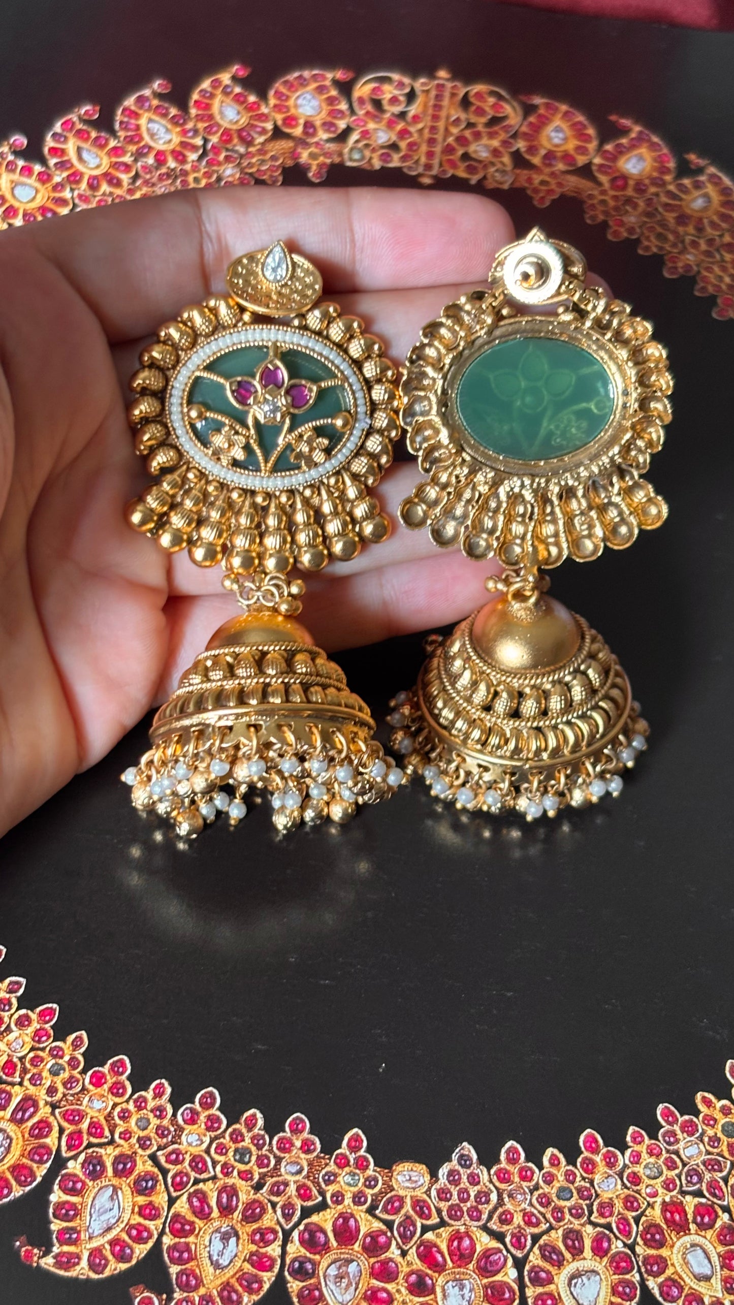 Mint inlay with rani pink floral golden jhumki earrings