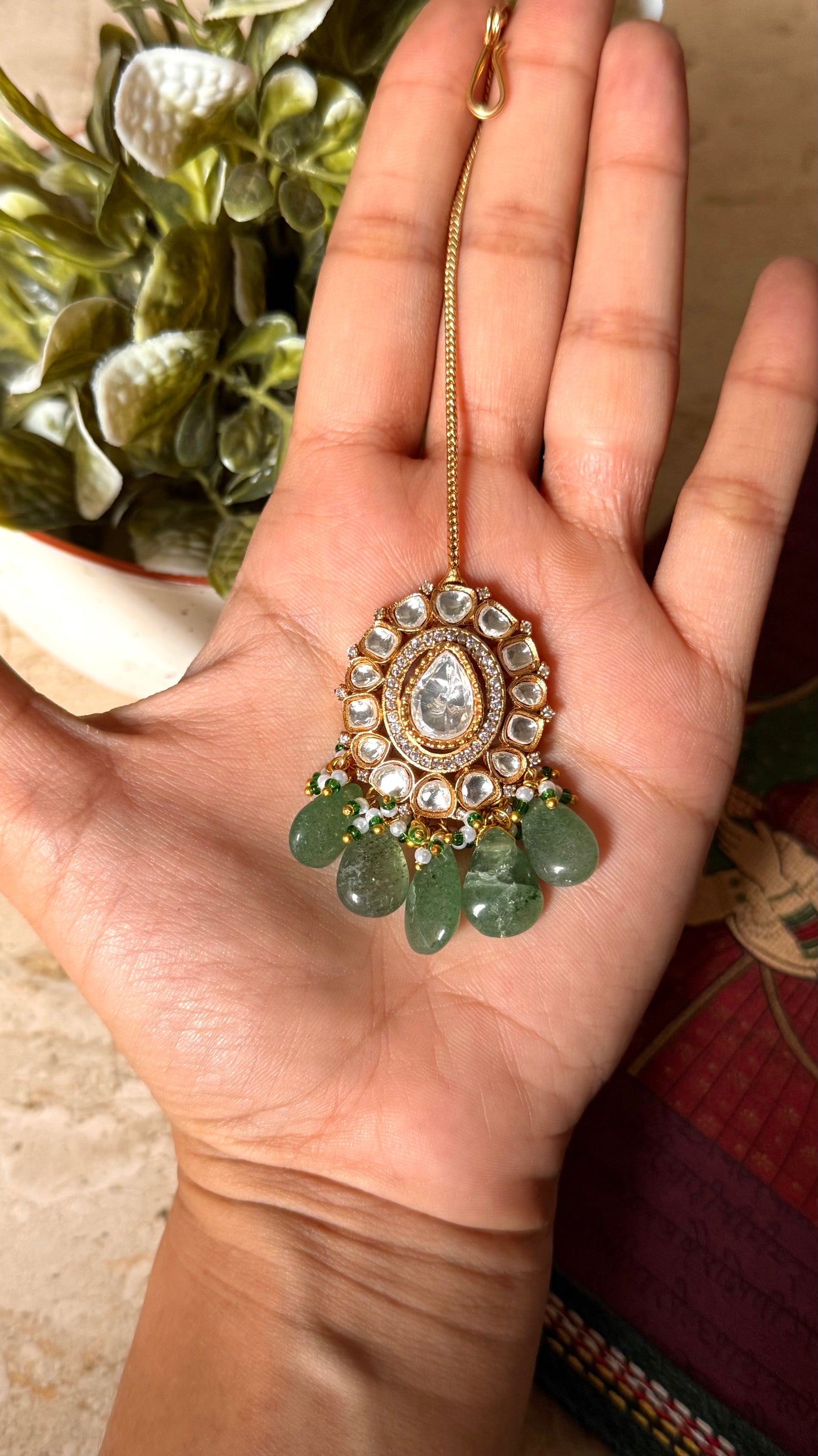 Moissanite polki with mint drop maangtika