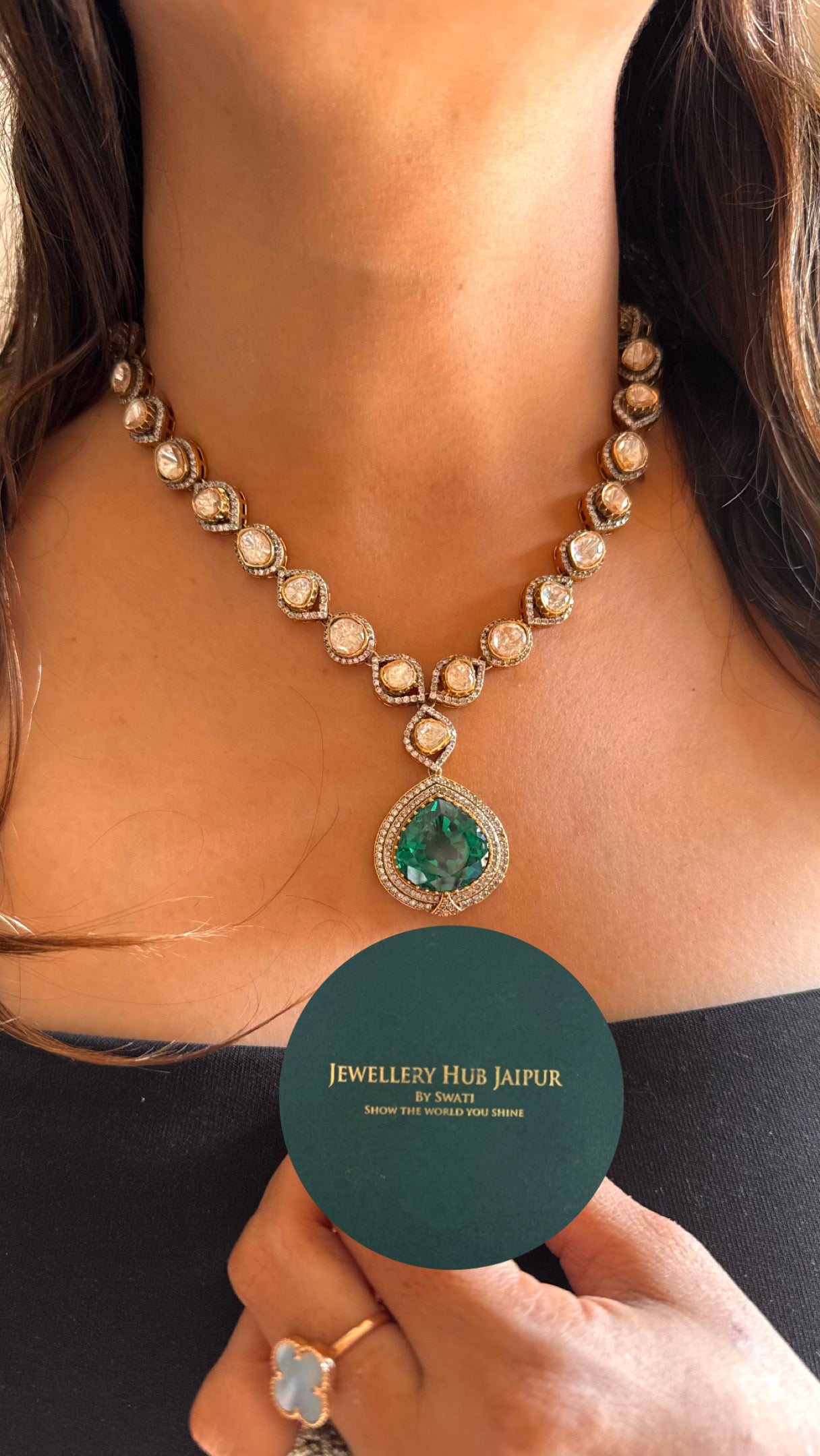 emerald moissanite peeli polki necklace