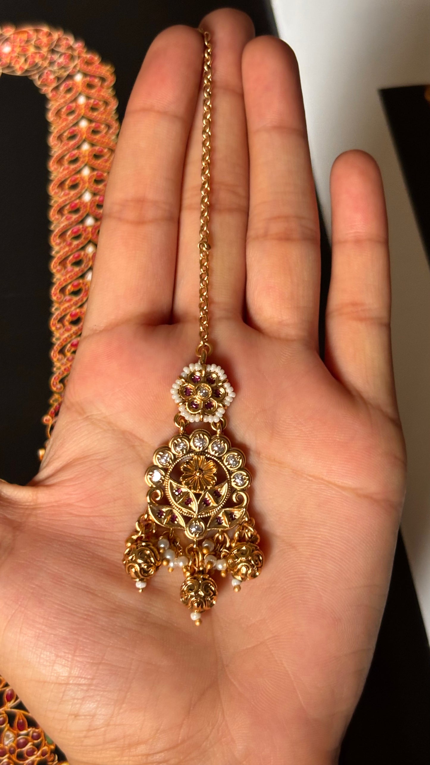 Ruby floral with gungroo drops golden Maangtika