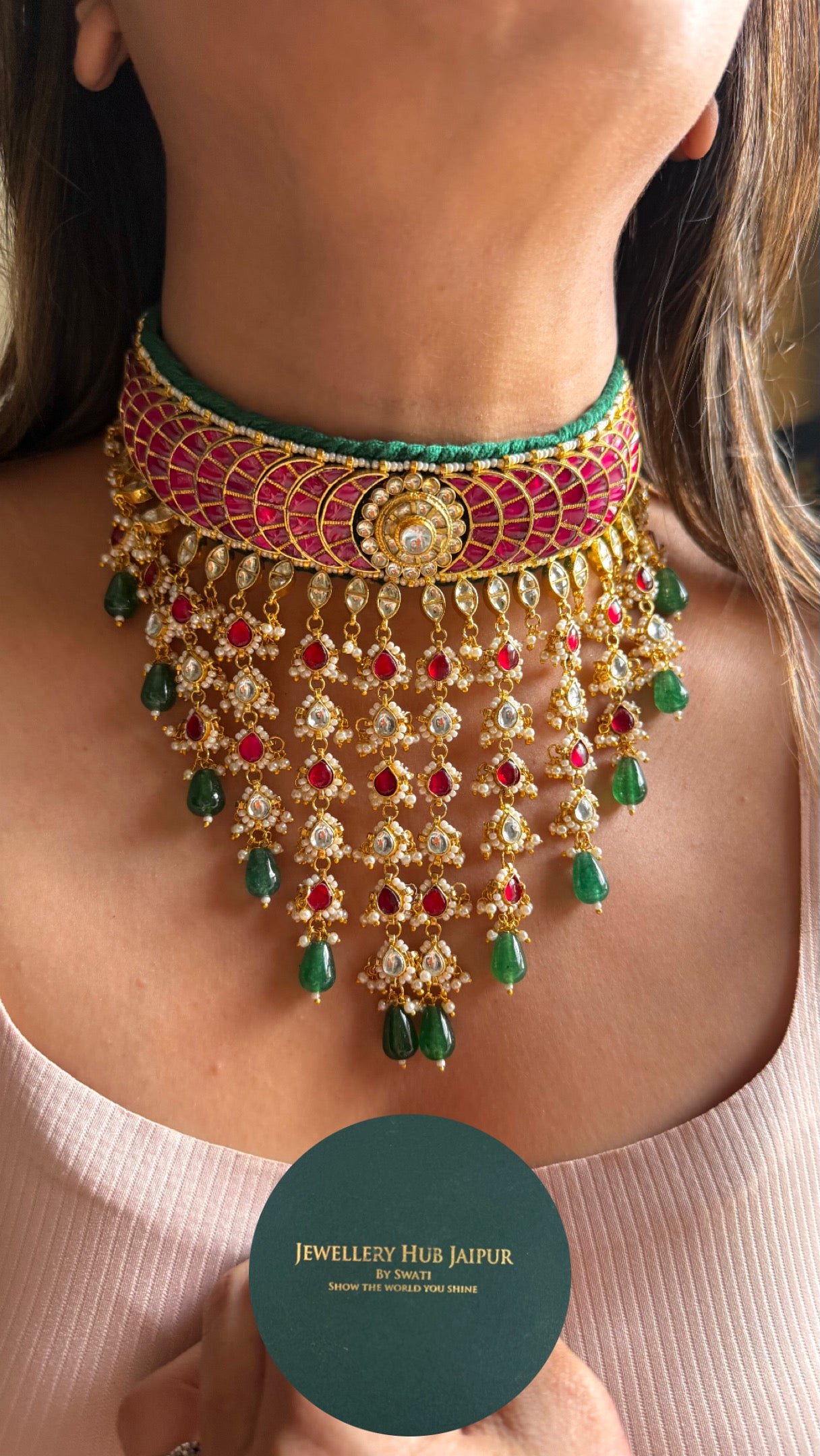 Jadau Ruby panna with emerald drops choker necklace