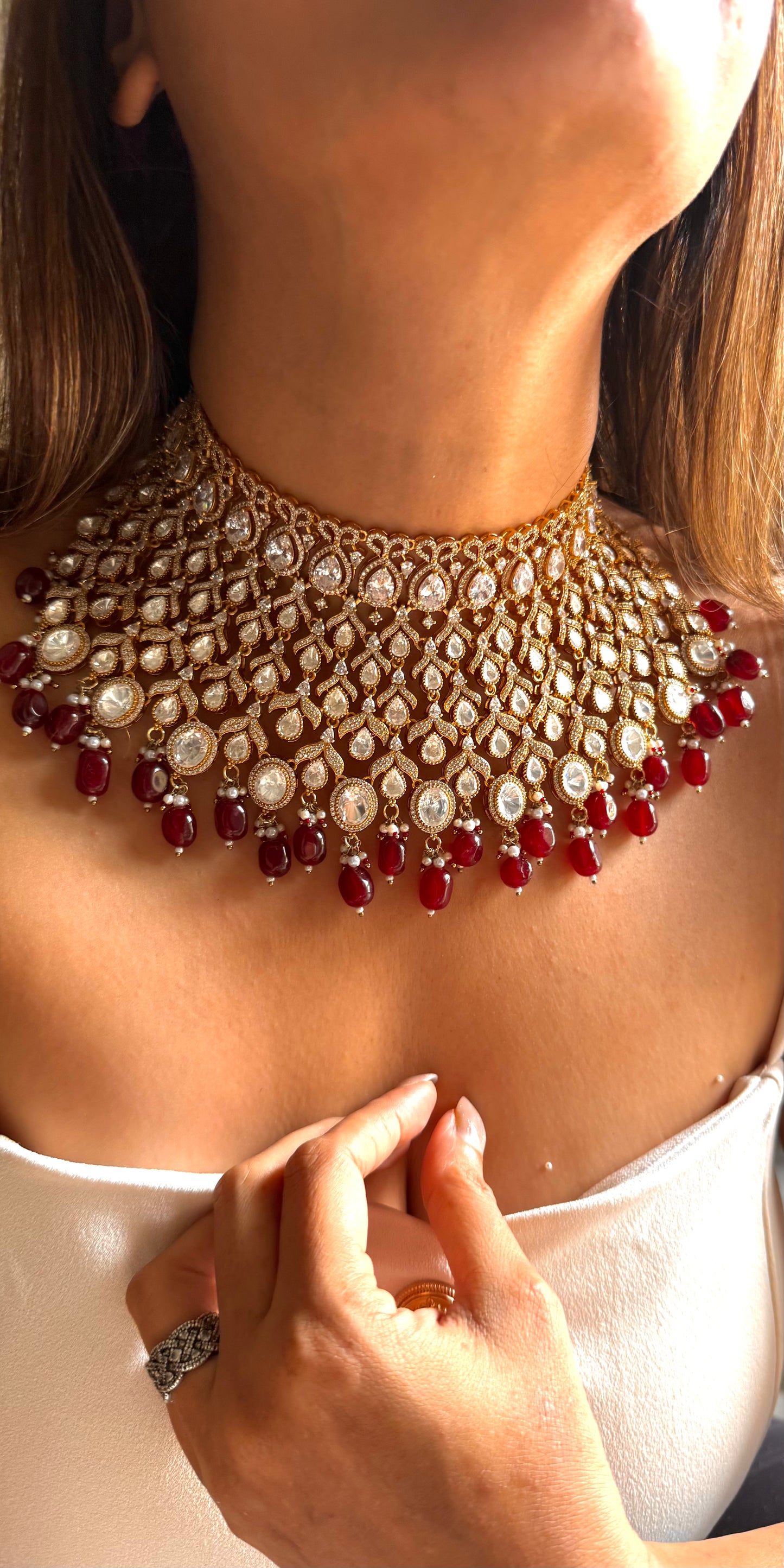 Chetna Moissanite polki bridal choker with ruby drops