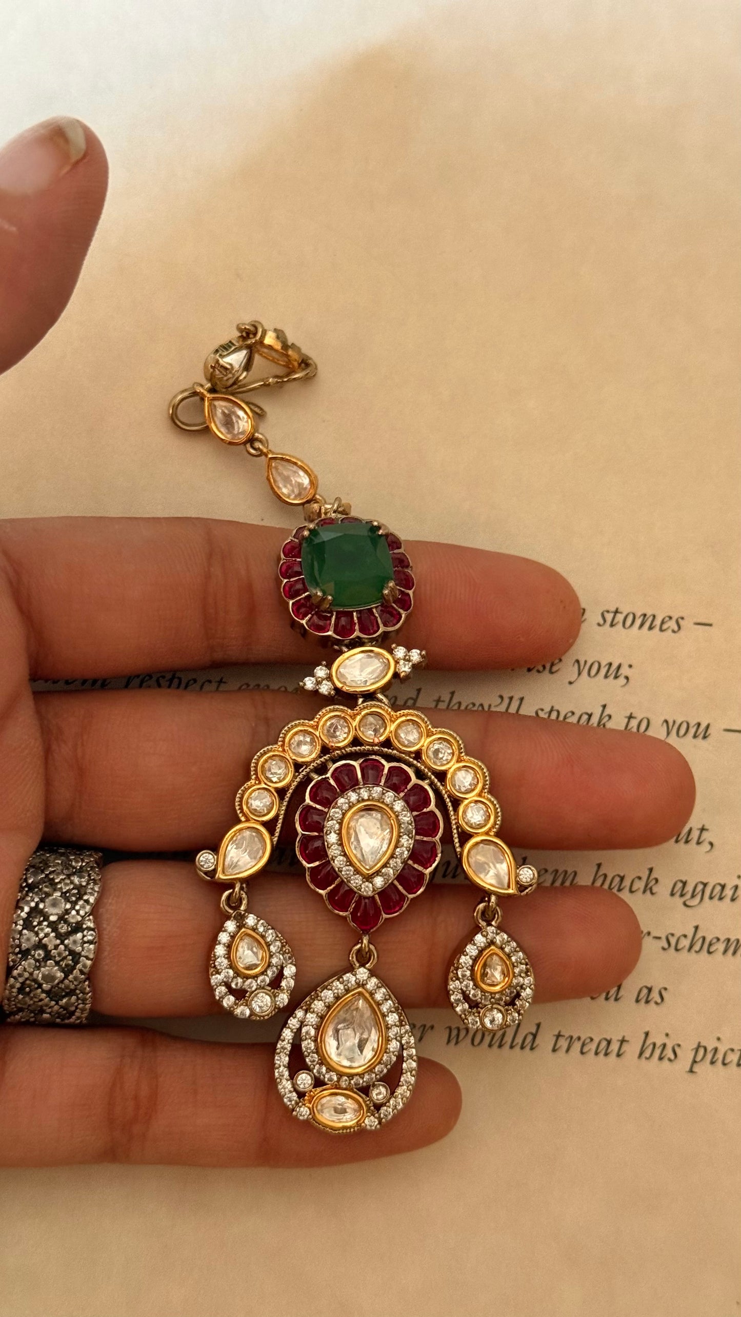 Emerald doublet & ruby floral moissanite maangtika