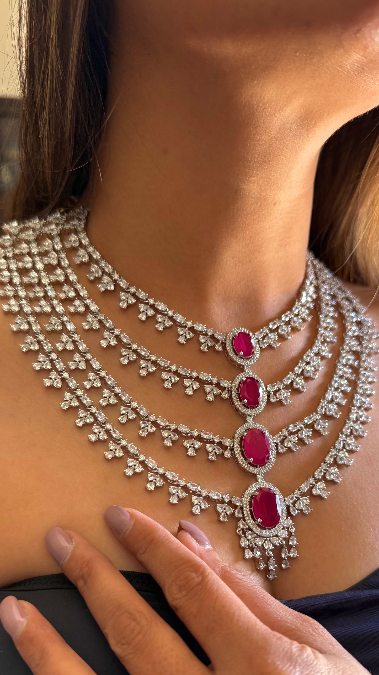 Elara Rani pink four layered diamond necklace