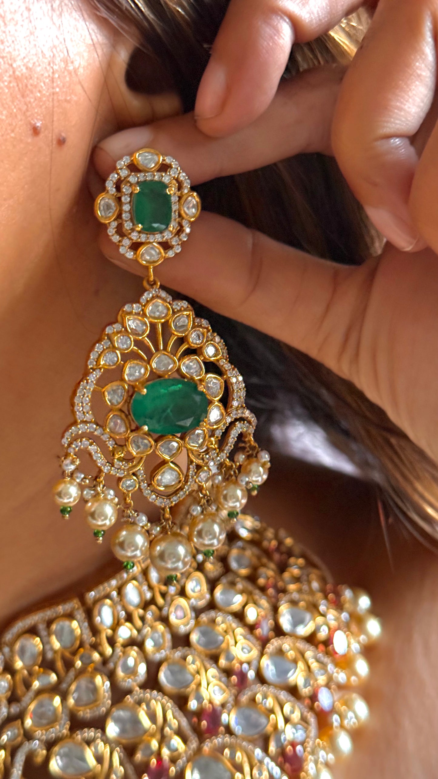 Rose Quartz & Emerald designer Polki Bridal Necklace