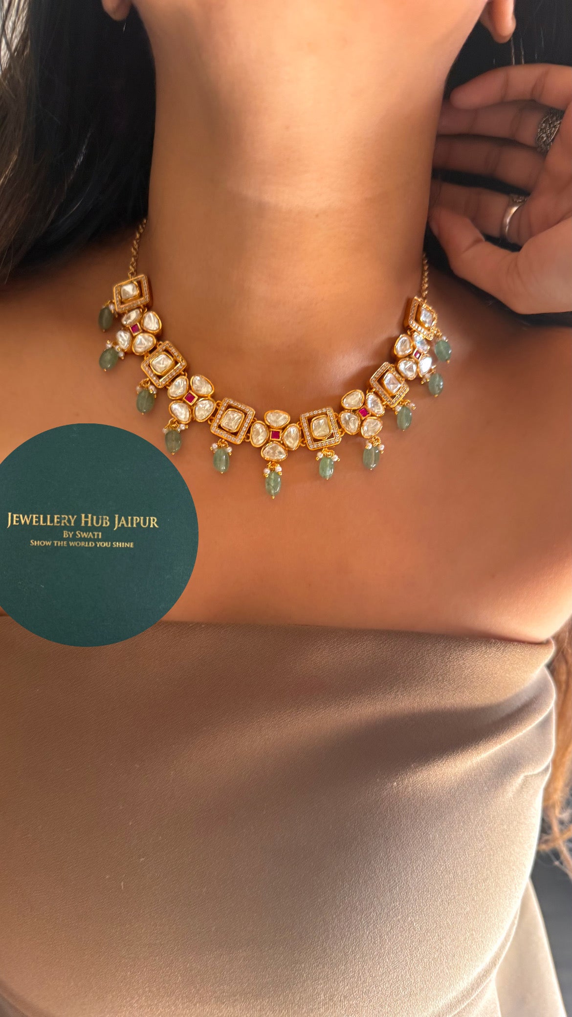 Real moissanite rani pink floral & mint drop collar set