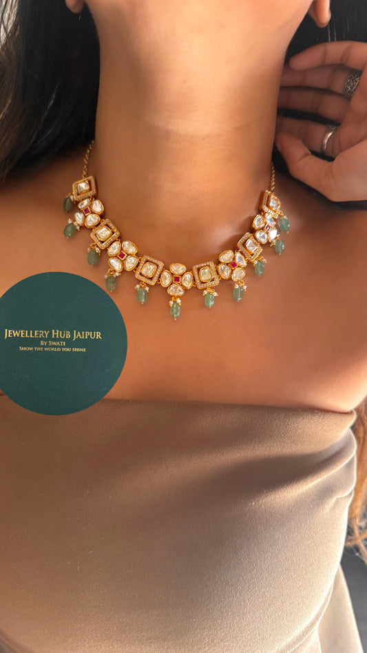 Real moissanite rani pink floral & mint drop collar set