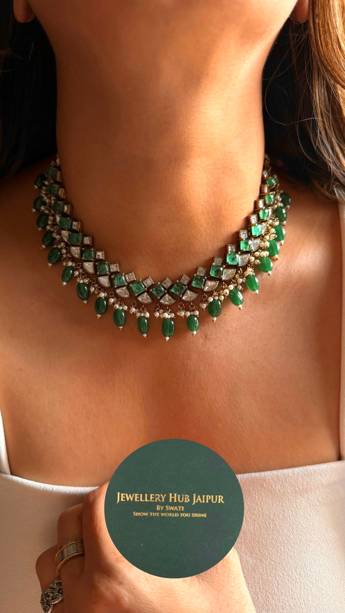 Emerald doublets with drops collar necklace