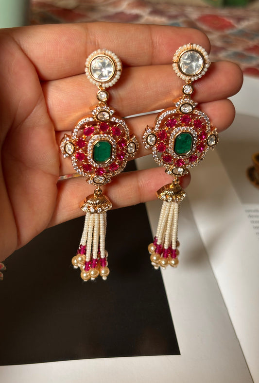 Rani pink doublets & emerald with pearl detailing jhalar Earrings