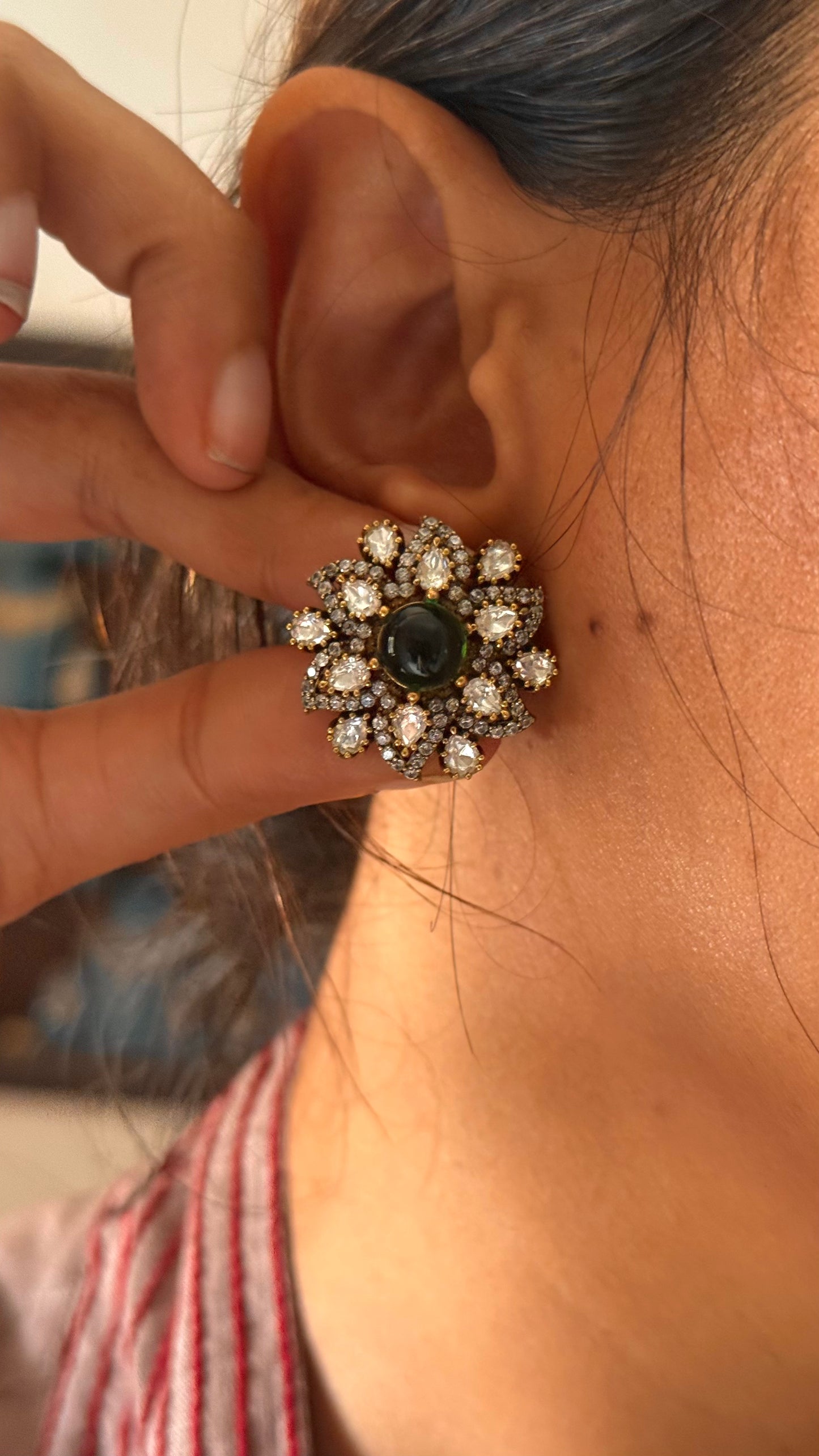 Emerald doublet moissanite victorian floral studs