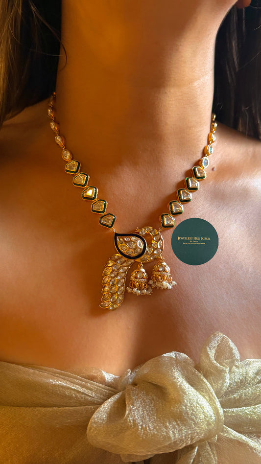 Emerald & sapphire meenakari peacock designed collar set
