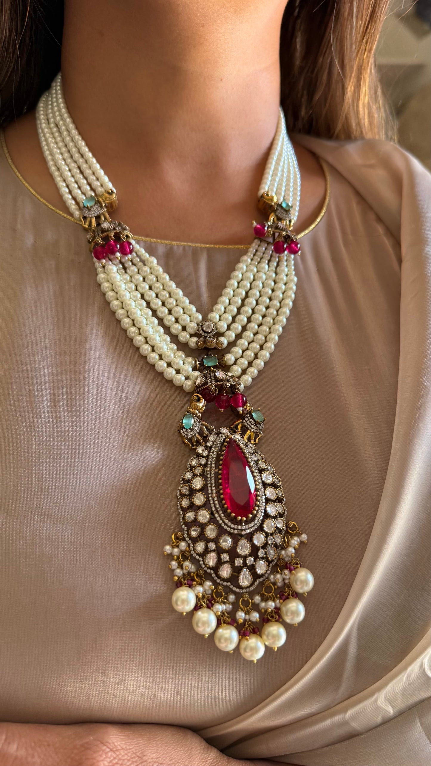 Ekisha Gajanand rani pink & emerald moissanite rani haar