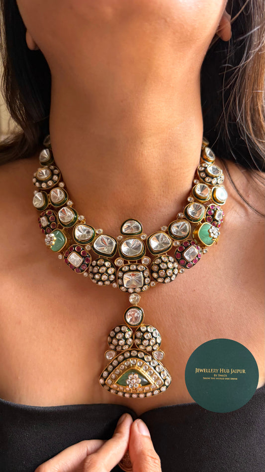 Ruby & emerald Meenakari carving with uncut polki bridal Necklace