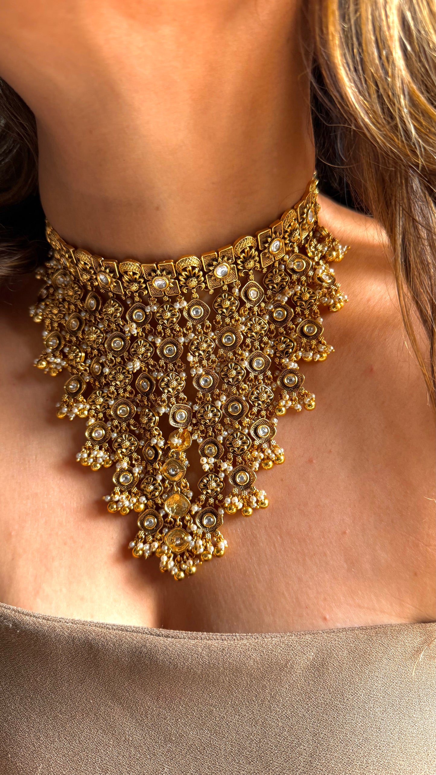 Nakshi oxidised waterfall polki necklace set