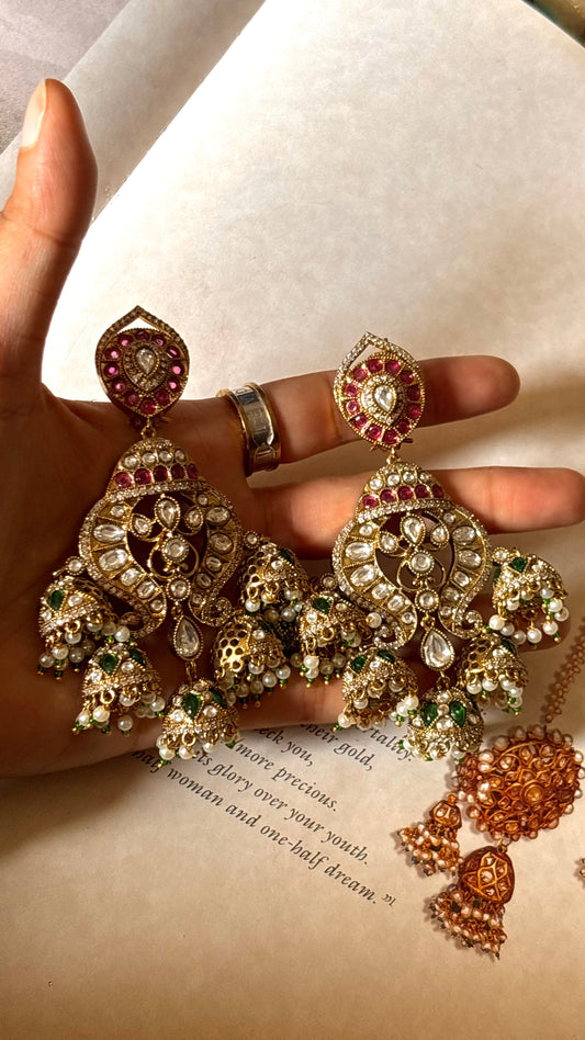 Ruby & emerald Moissanite jhumki Chandbali  earrings