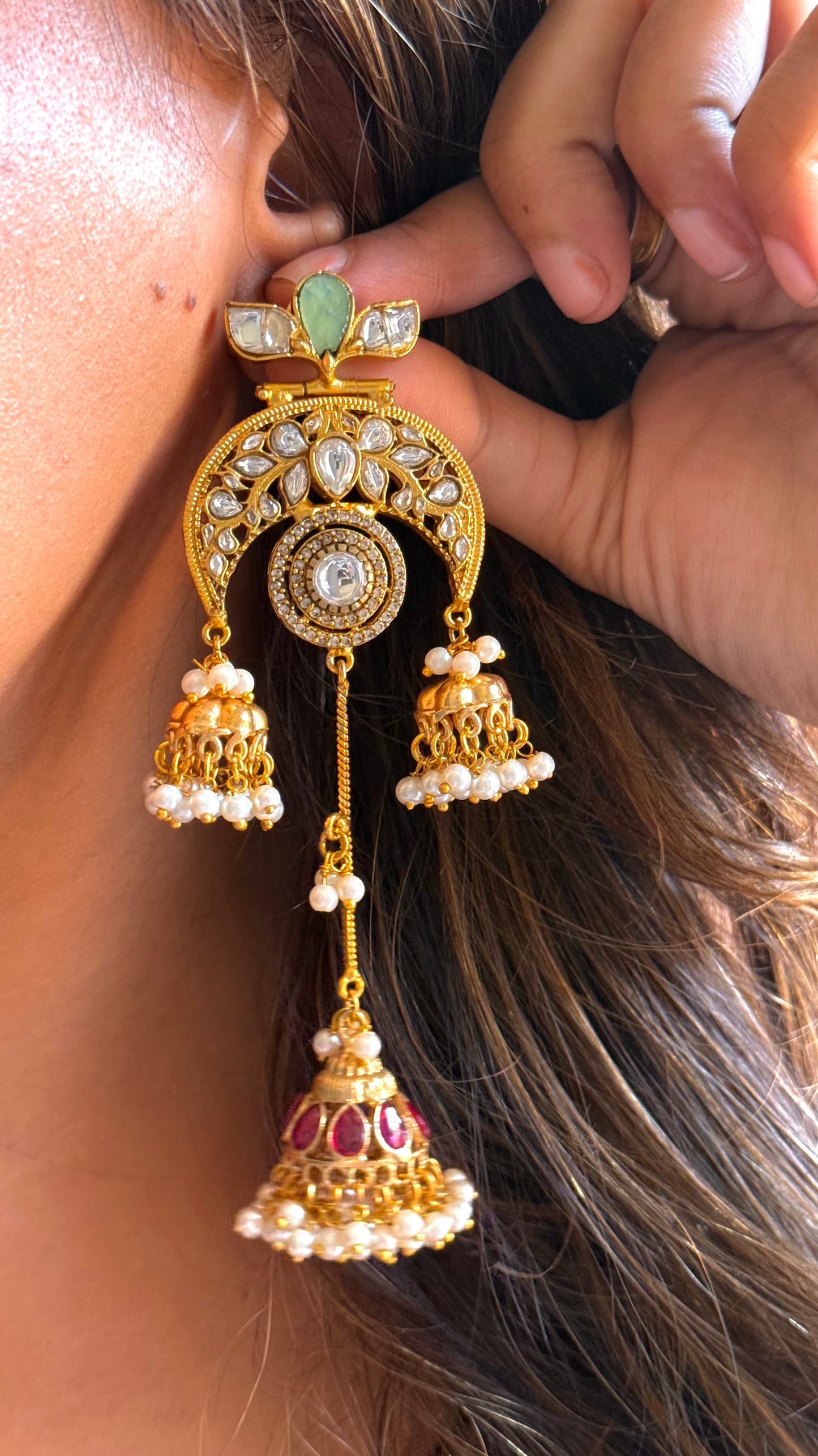 Amrapali inspired emerald ruby triple jhumki danglers