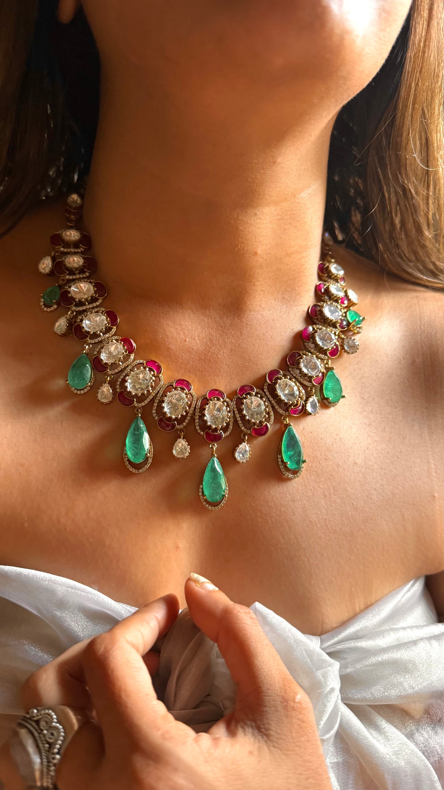 Mint doublet drop & ruby katdana polki collar set