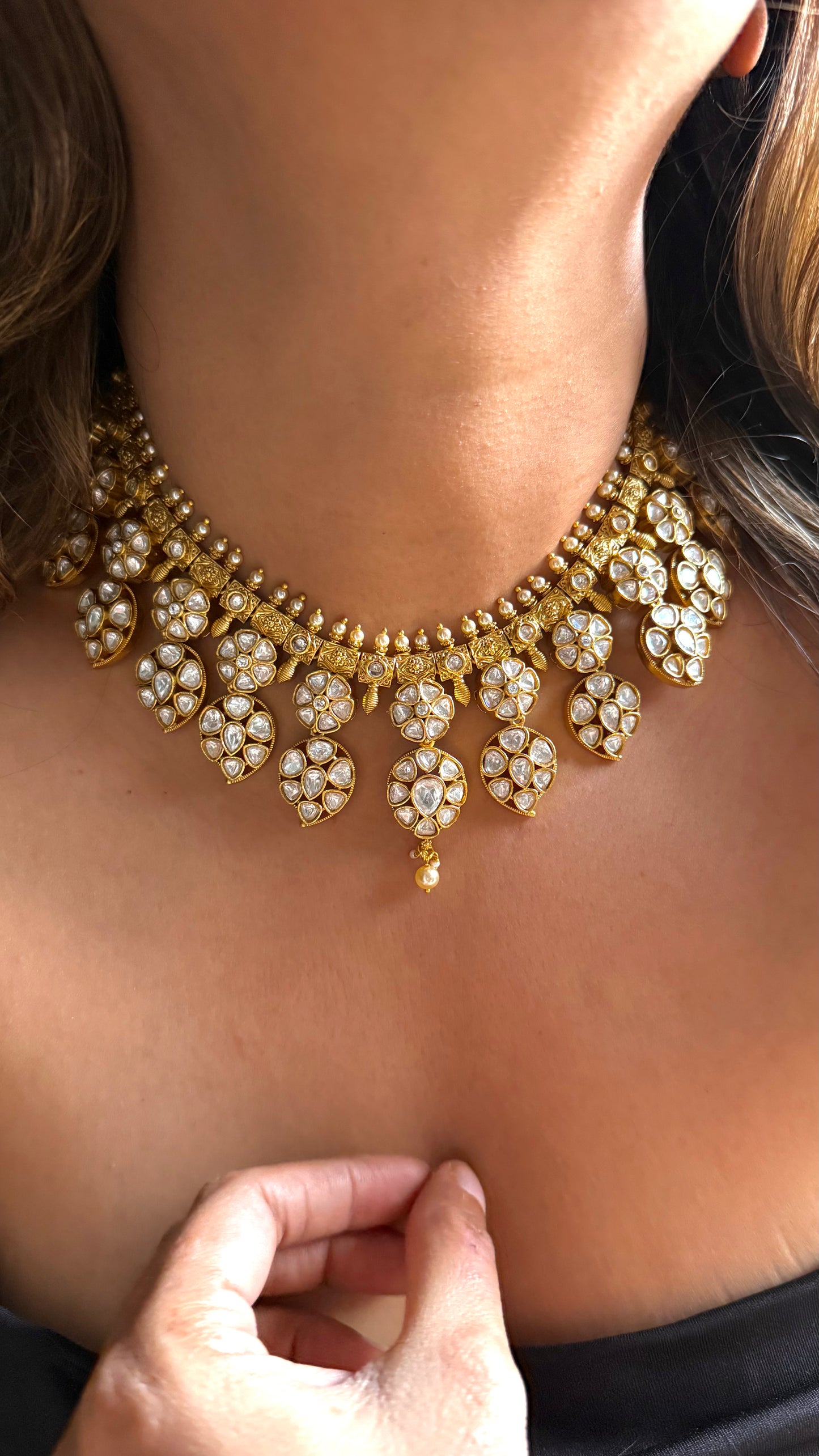 Heritage Floral polki necklace with pearl detailing