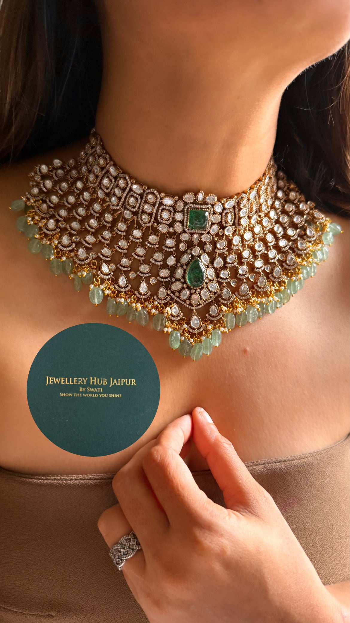 Emerald doublet real uncut moissanite polki bridal choker set