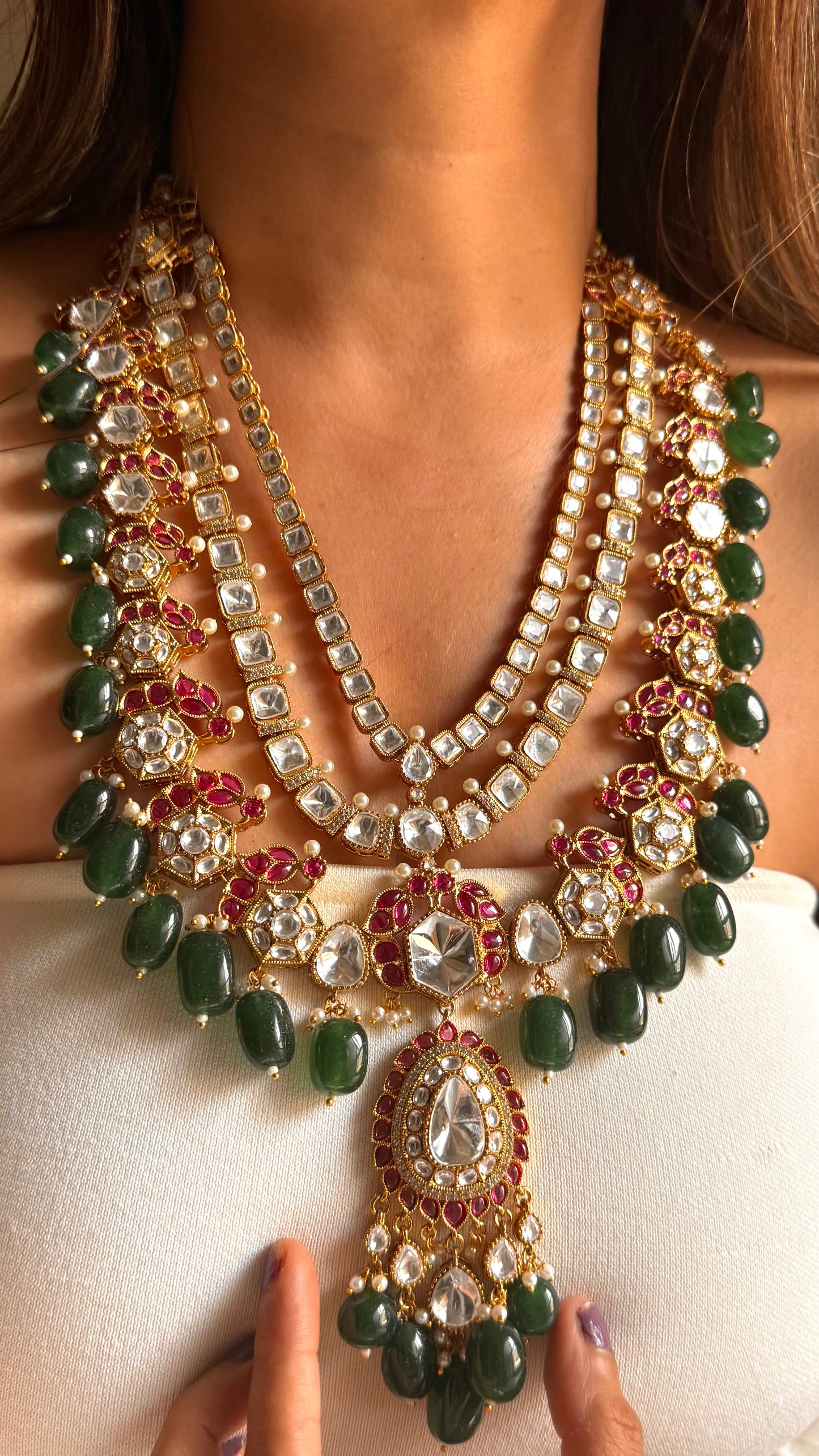 Ritu Raj Rani pink moissanite polki with emerald drop maharani haar