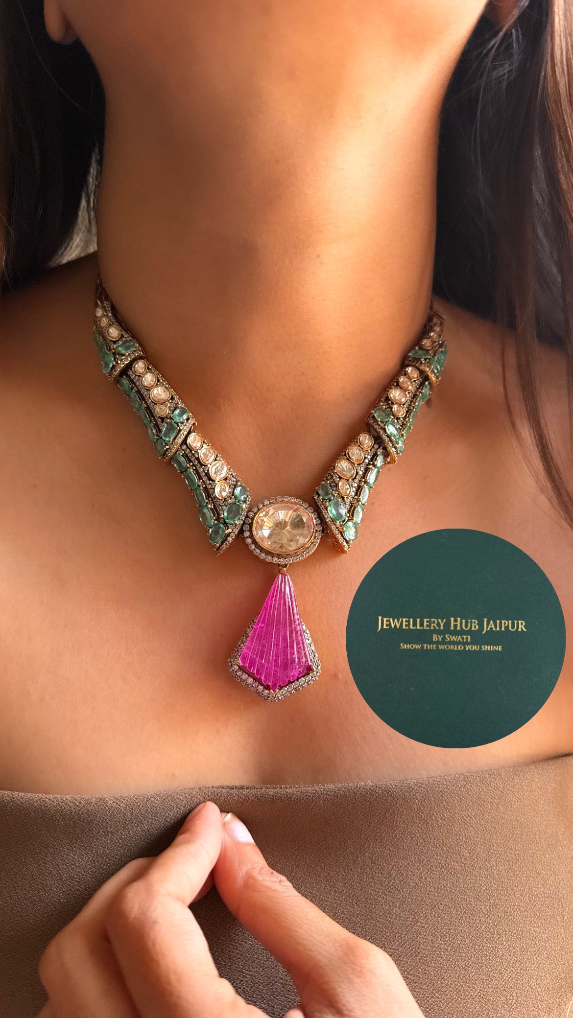 Rani pink doublet & mint moissanite designer cocktail collar set