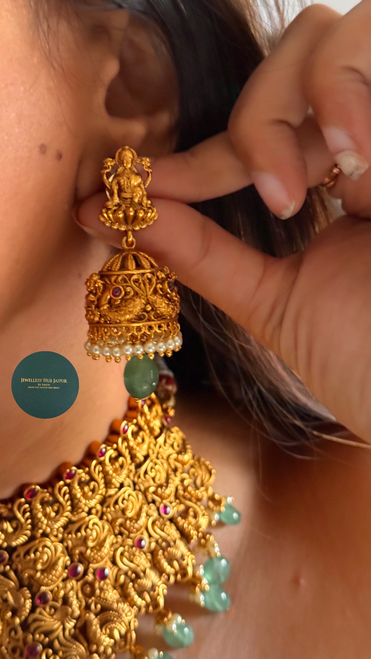 Goddess laxmi with ruby & mint drops choker set