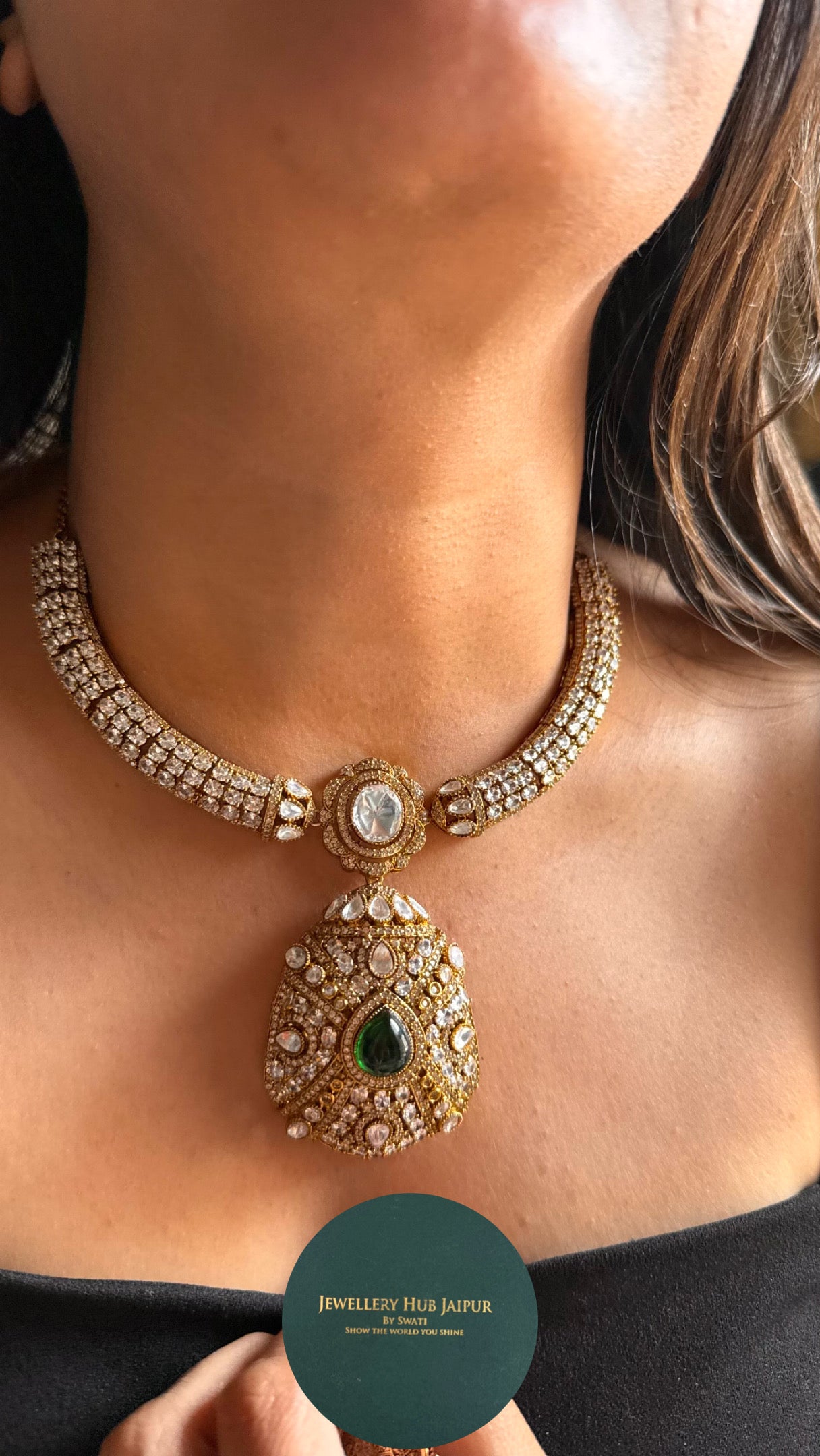 Designer emerald with cz diamond collar Necklace