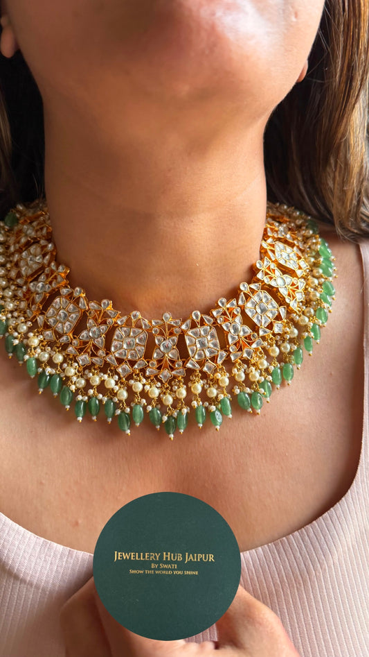 Handmade jadau strawberry drops mint collar necklace