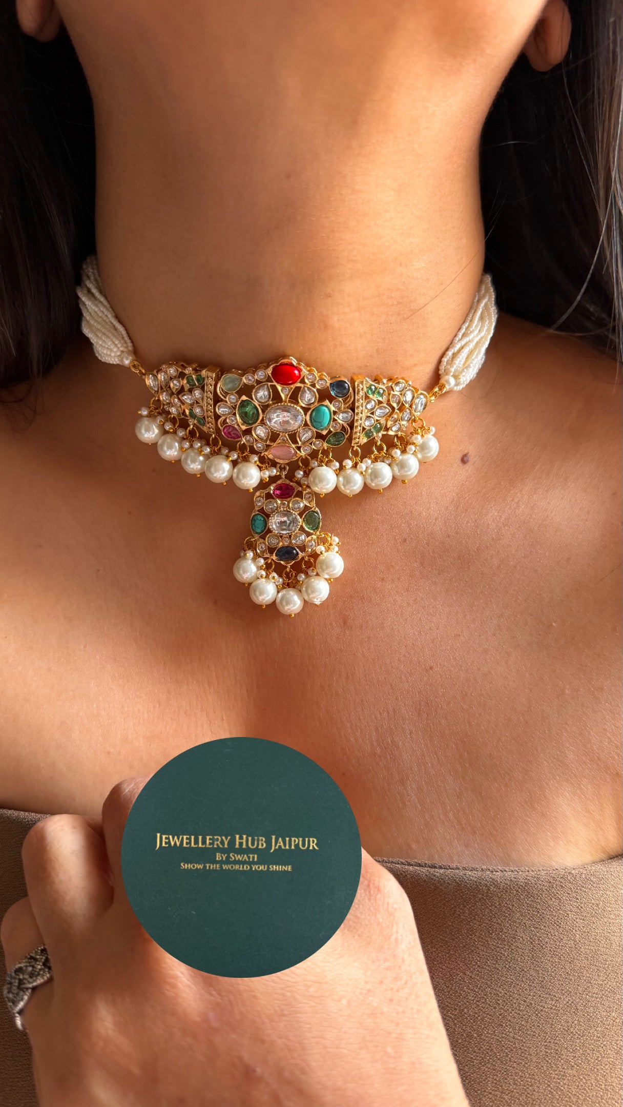Paachi Kundan multicoloured with pearl detailing choker necklace