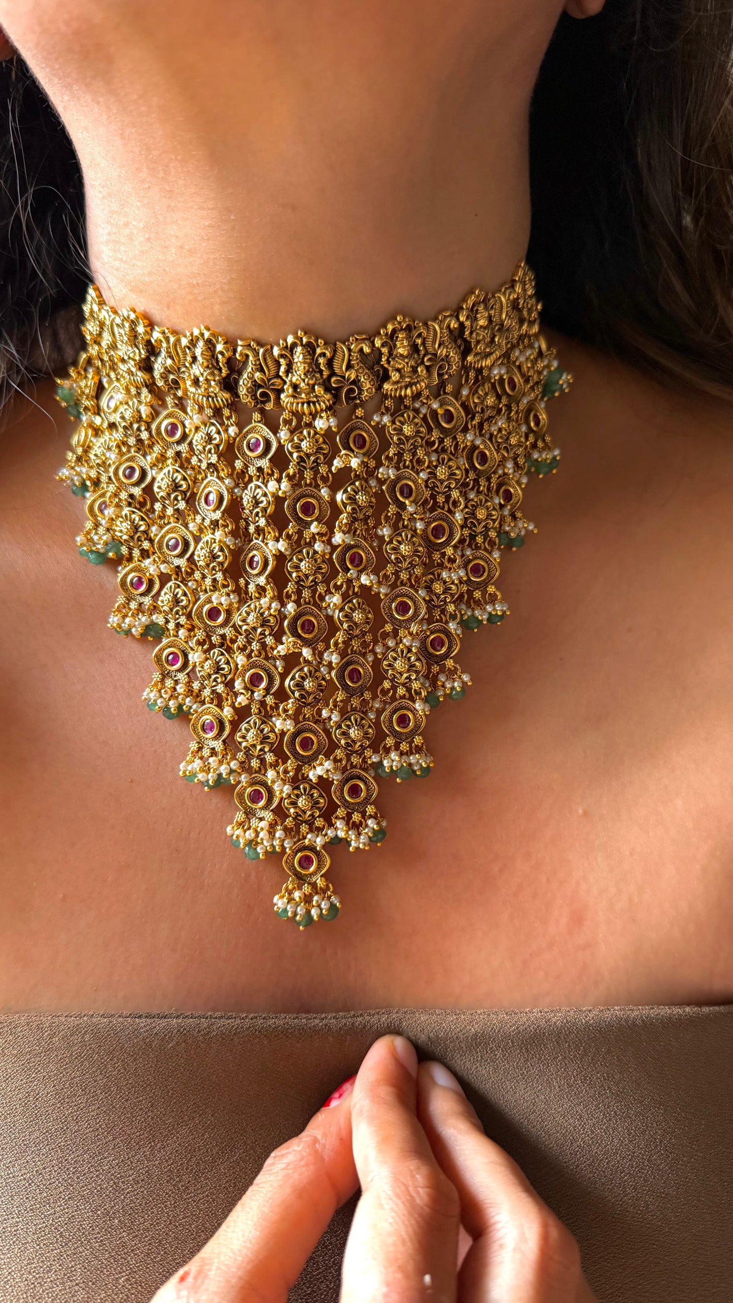Goddess Laxmi inspired waterfall temple necklace