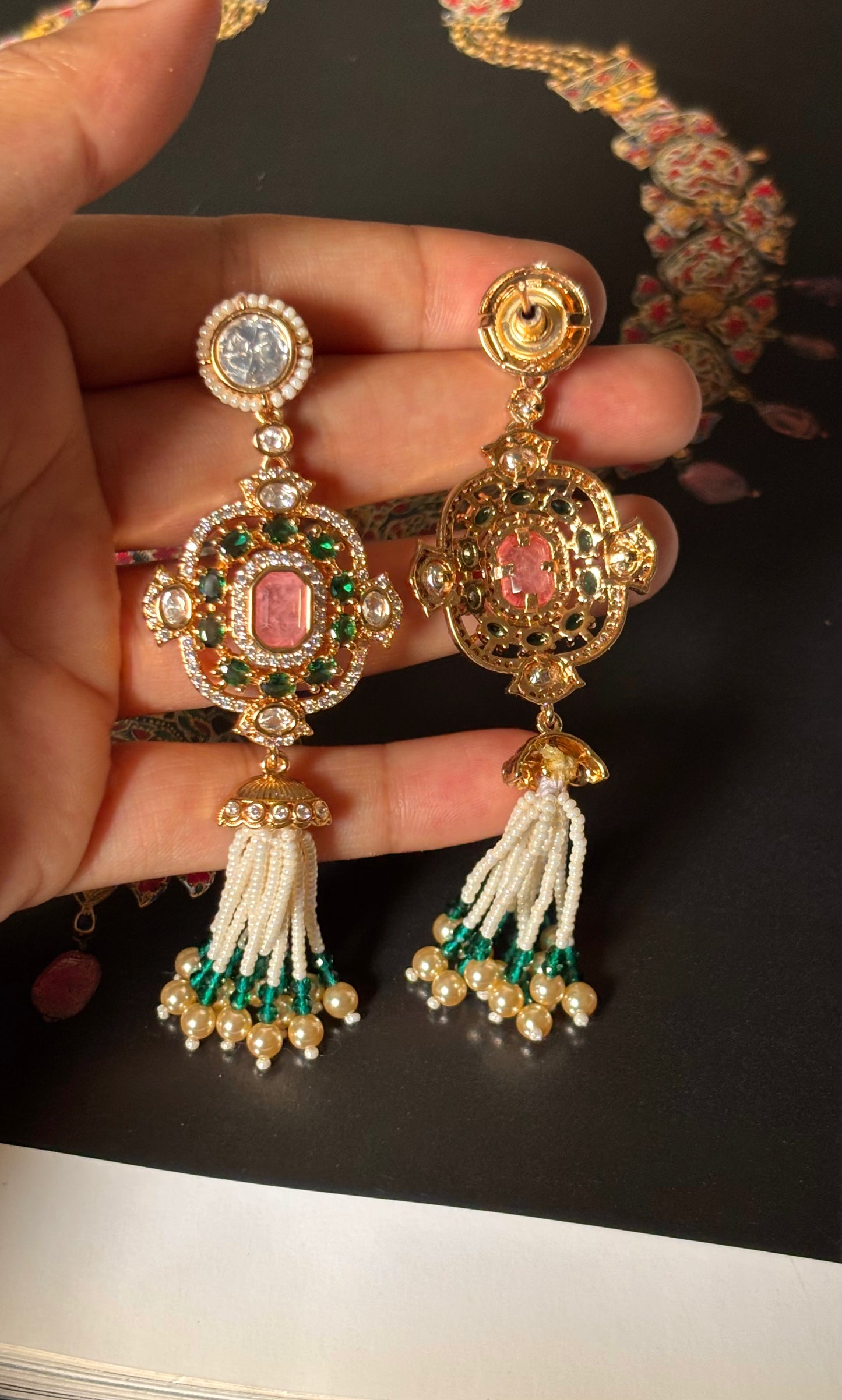 Emerald doublets & rose quartz with pearl detailing jhalar Earrings
