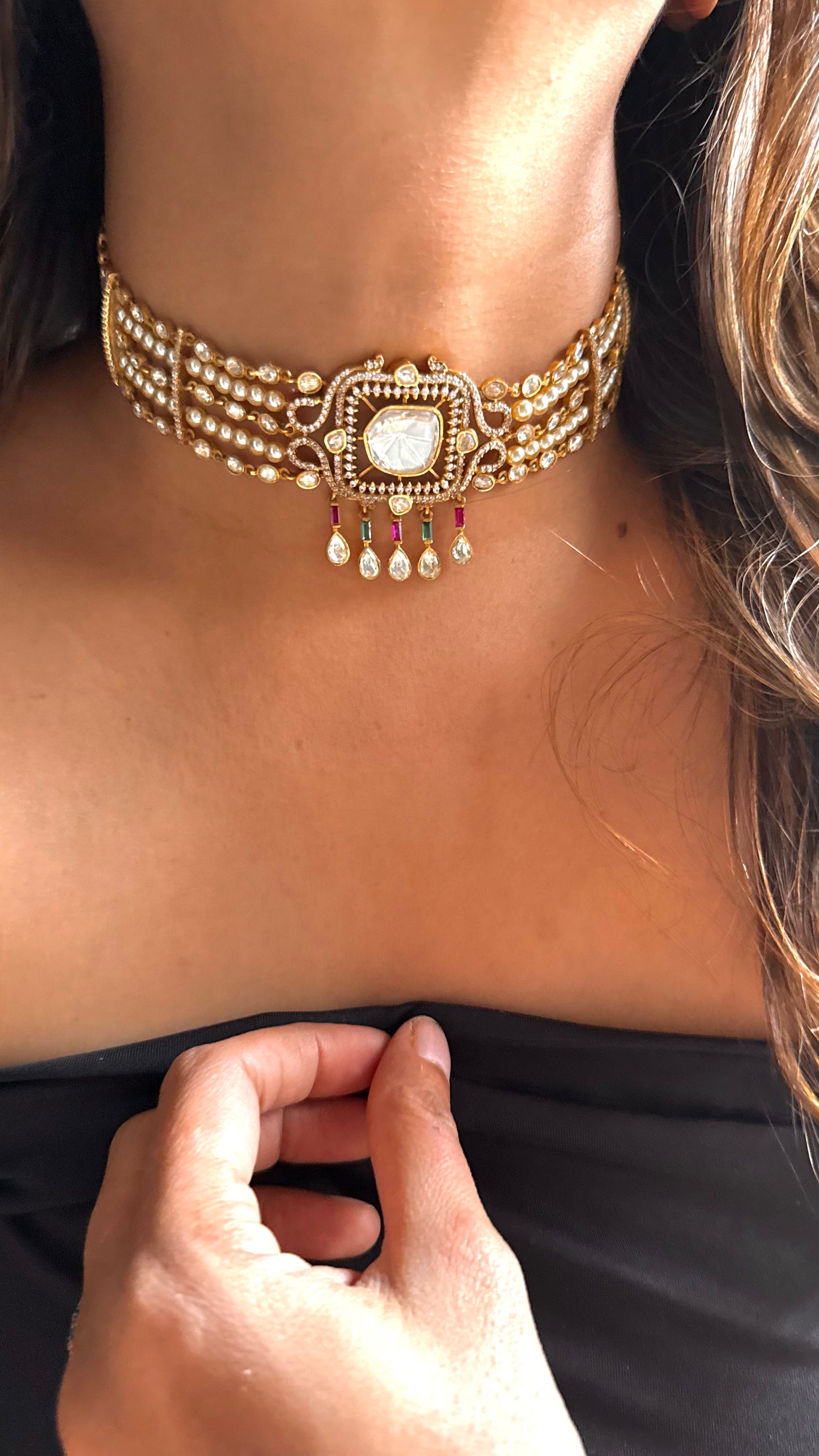 Pearl & Moissanite Uncut LV Polki choker