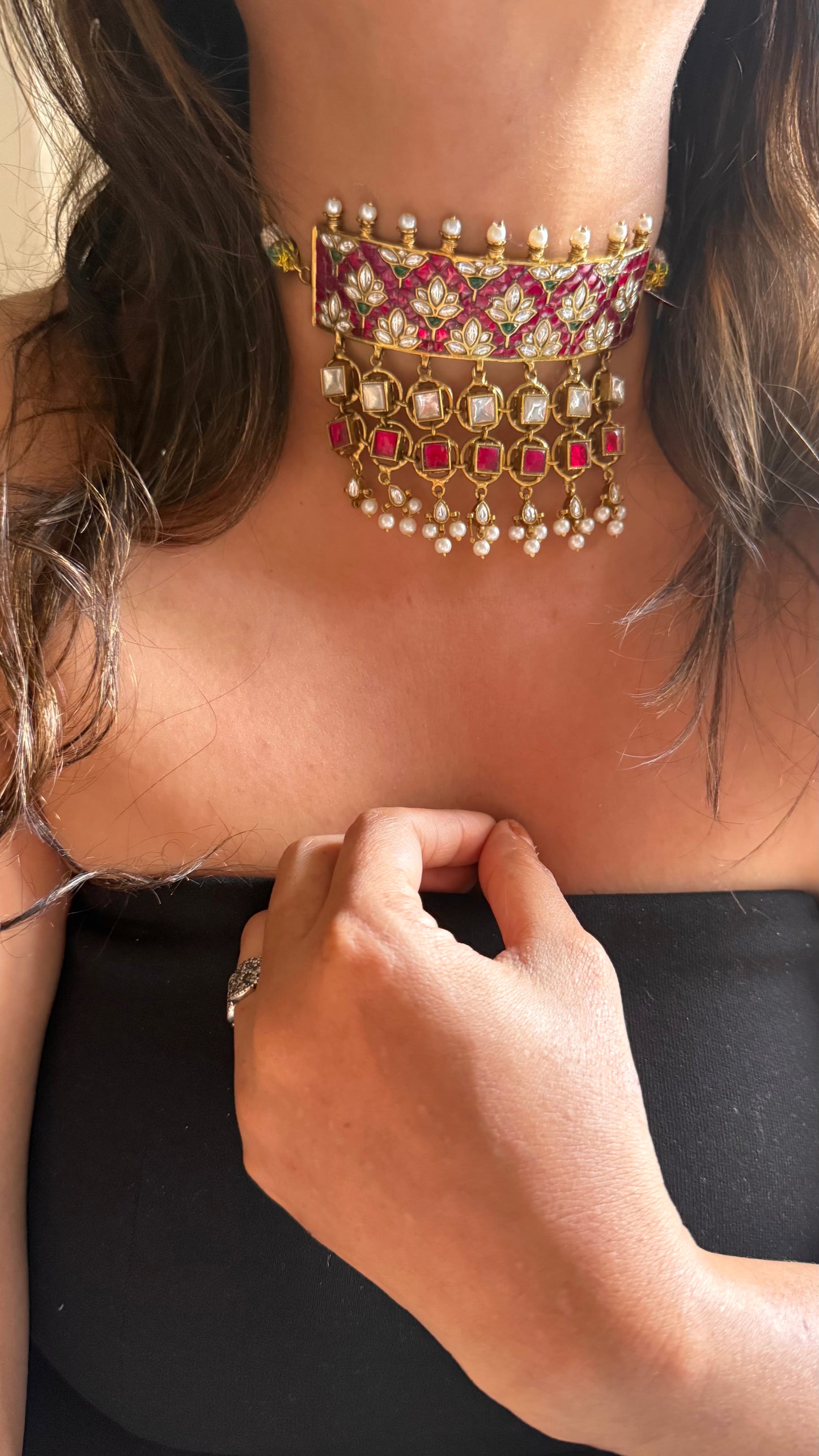 Rani pink ruby paachi kundan jadau handmade choker Necklace