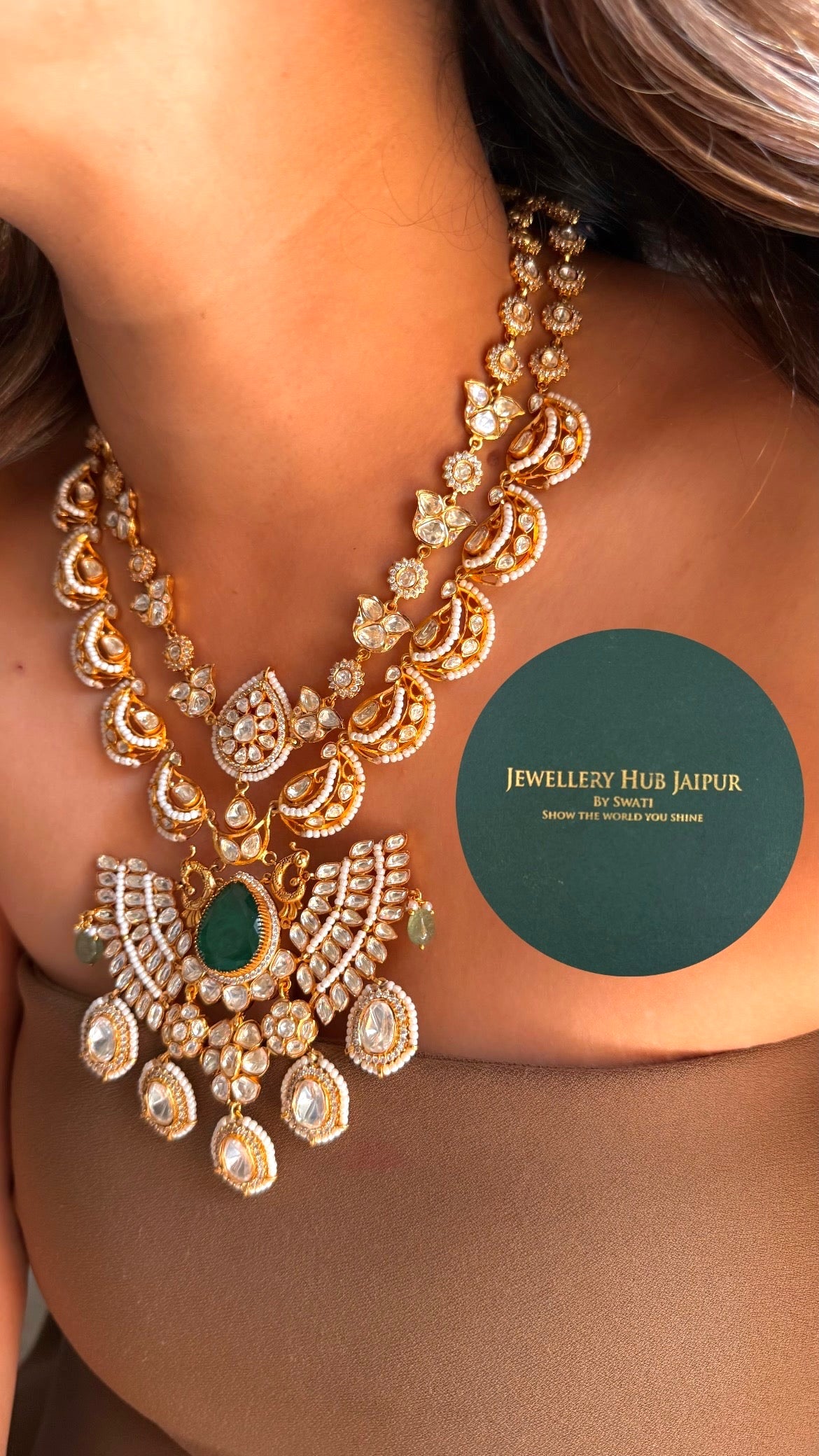 Real moissanite & emerald doublet with mint strawberry designer mid length set