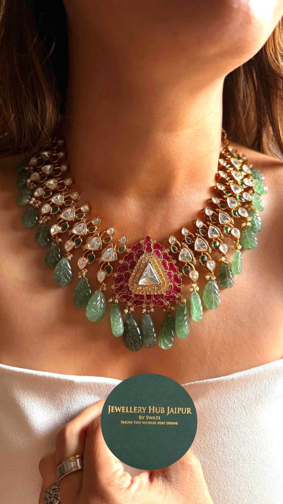 Emerald & ruby katdana moissanite polki with mint drops Necklace