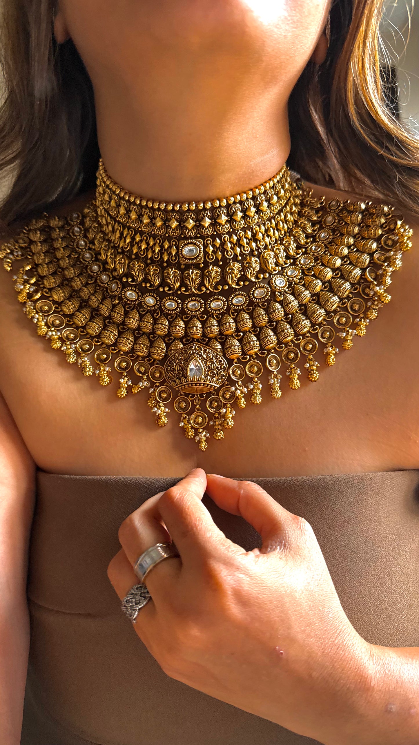 Oxidised heritage Royal bridal necklace set with gold drop detailing
