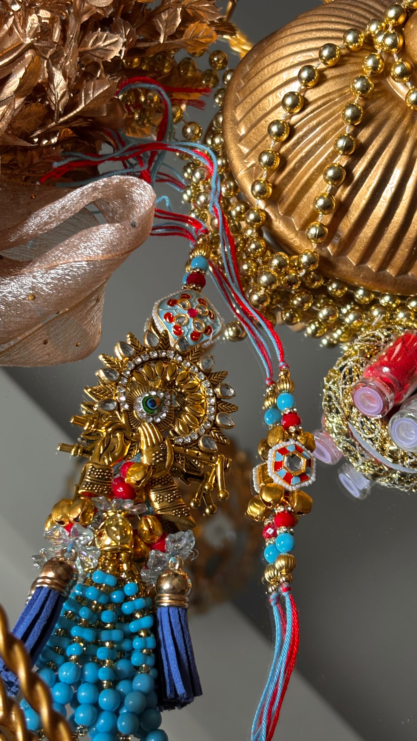 Lord Krishna bansuri meenakari firoza bhaiya bhabi rakhi ( shipping will be extra )
