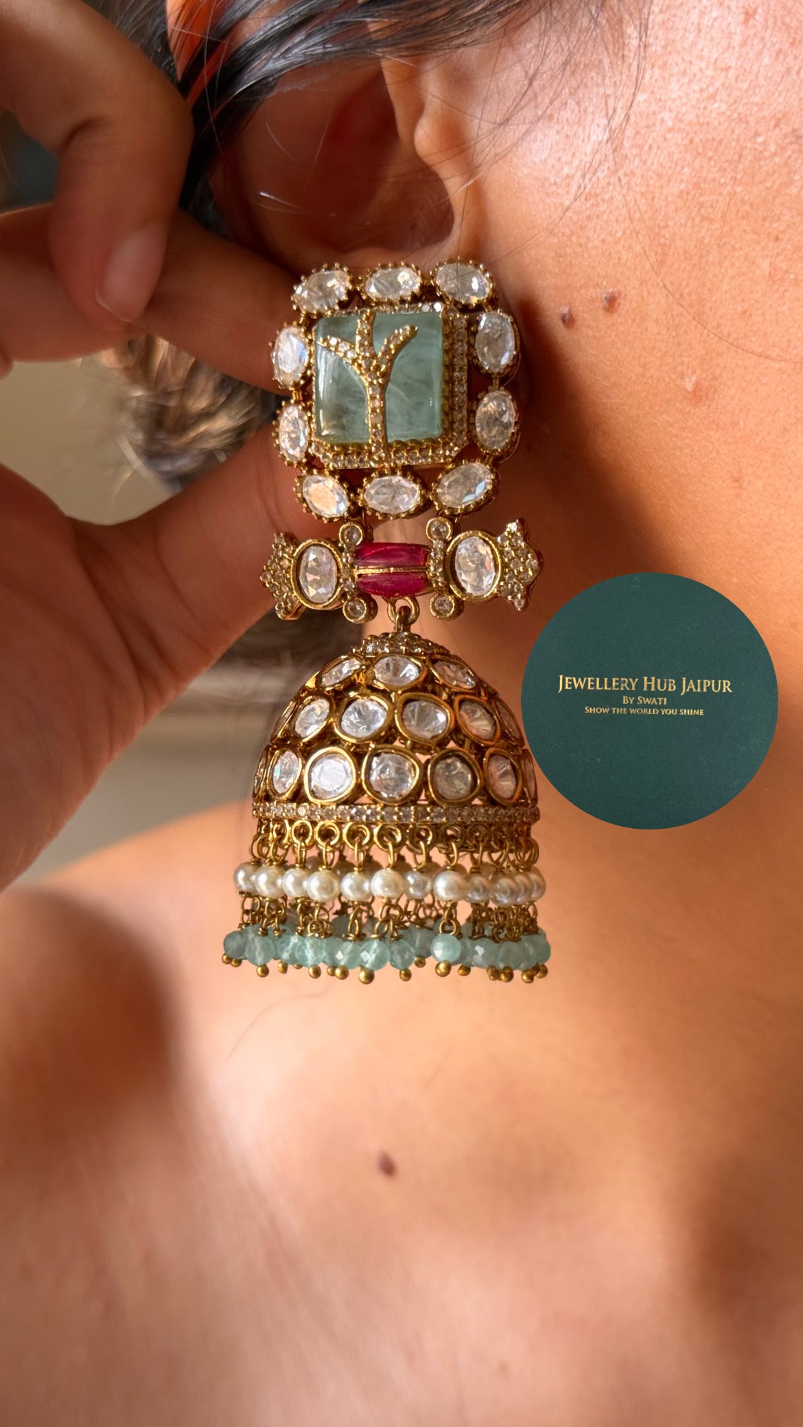 Mint doublet & ruby moissanite polki jhumka
