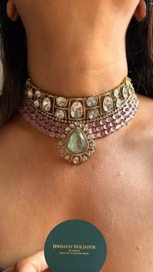 Mint with rose quartz doublets choker Necklace