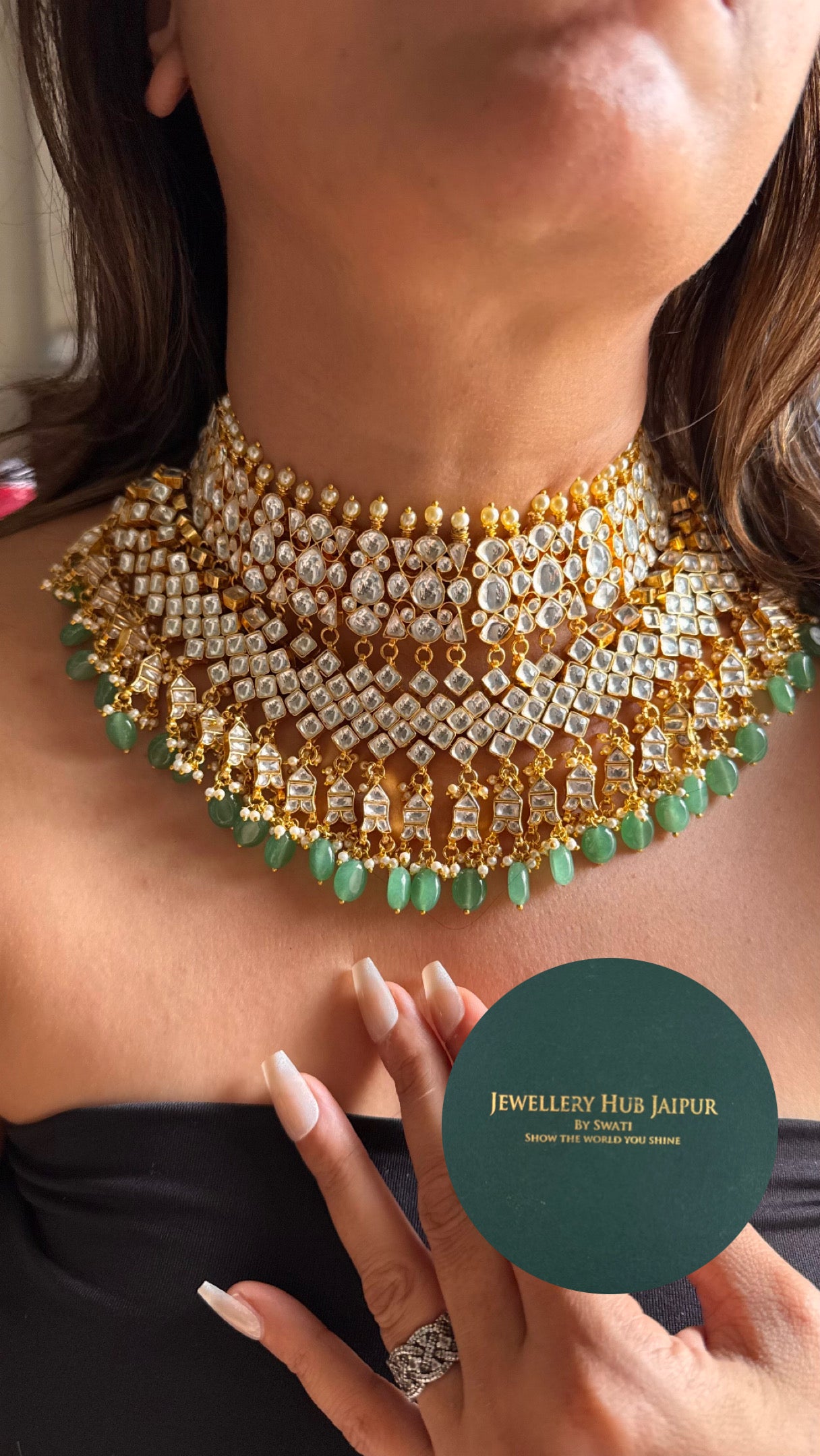 Handmade Paachi Kundan jadau bridal mint drops necklace